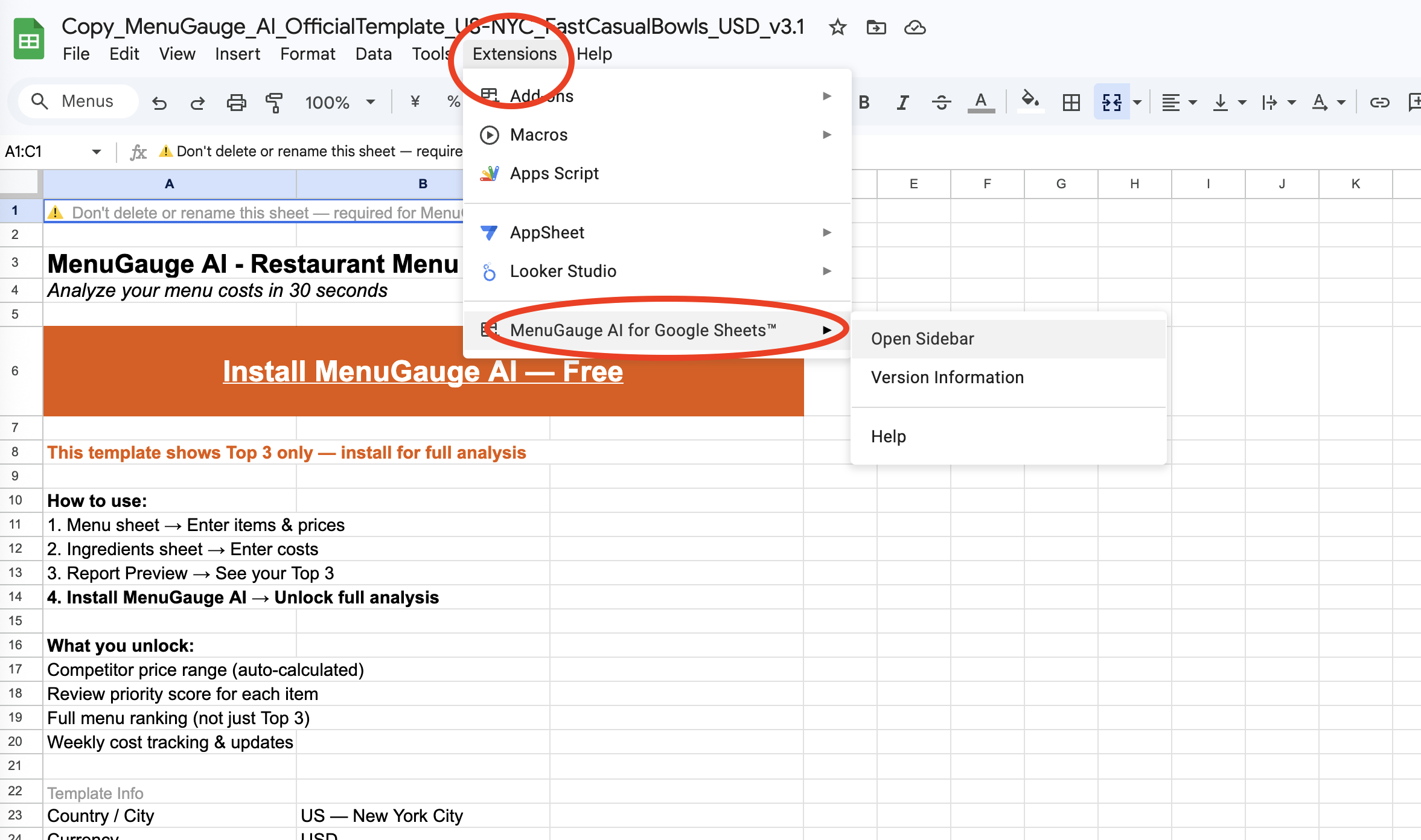 Google SheetsのExtensionsメニューからMenuGauge AIのサイドバーを開く